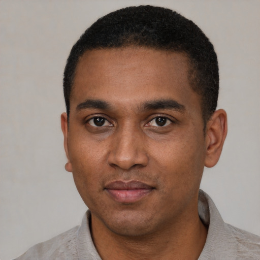 Neutral black young-adult male with short  black hair and brown eyes