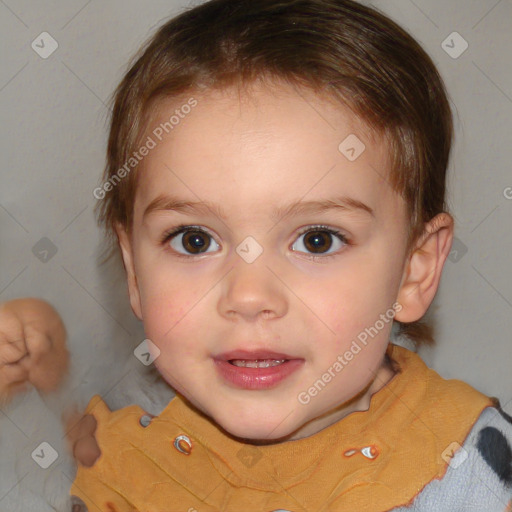 Joyful white child female with short  brown hair and brown eyes