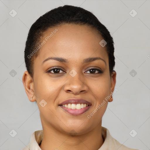 Joyful latino young-adult female with short  brown hair and brown eyes