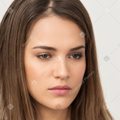 Neutral white young-adult female with long  brown hair and brown eyes