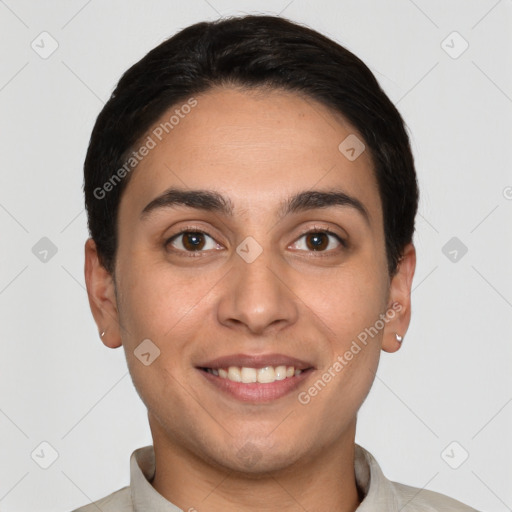 Joyful white young-adult male with short  brown hair and brown eyes