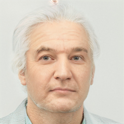 Neutral white middle-aged male with short  gray hair and blue eyes