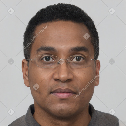 Neutral black adult male with short  black hair and brown eyes