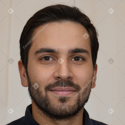 Neutral white young-adult male with short  brown hair and brown eyes