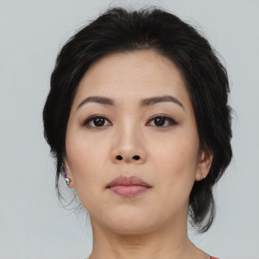 Neutral asian young-adult female with medium  black hair and brown eyes