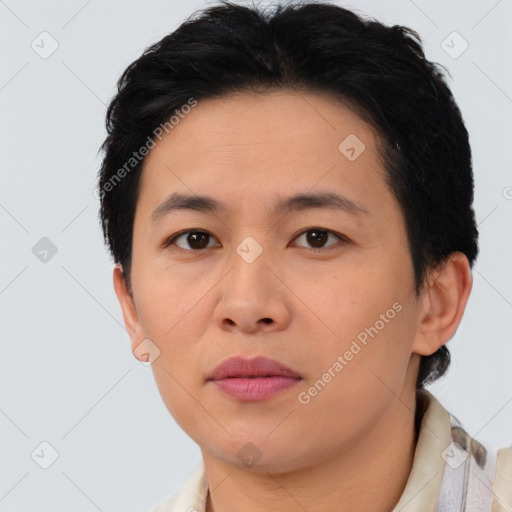 Neutral asian young-adult female with short  brown hair and brown eyes