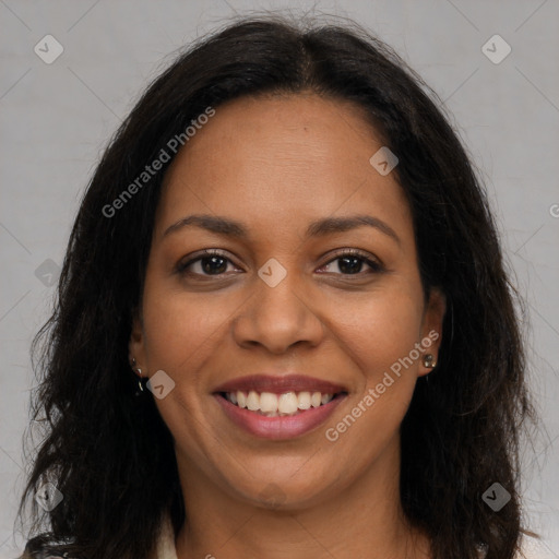 Joyful latino young-adult female with long  brown hair and brown eyes