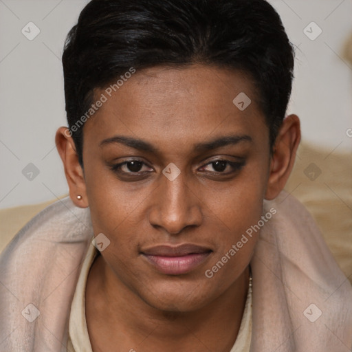 Joyful black young-adult female with short  brown hair and brown eyes