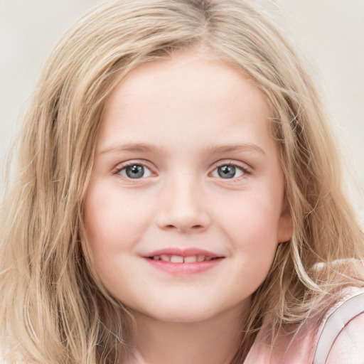 Joyful white child female with medium  brown hair and blue eyes