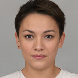 Neutral white young-adult female with short  brown hair and brown eyes