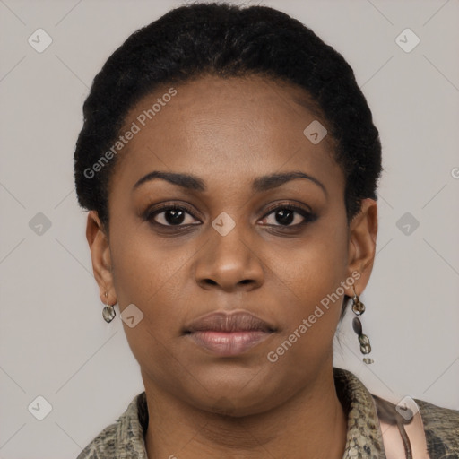 Neutral black young-adult female with short  black hair and brown eyes