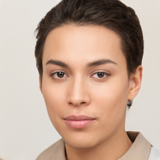 Neutral white young-adult female with short  brown hair and brown eyes