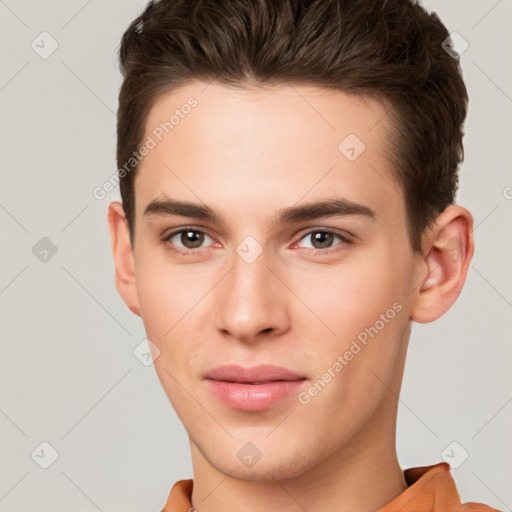 Neutral white young-adult male with short  brown hair and brown eyes