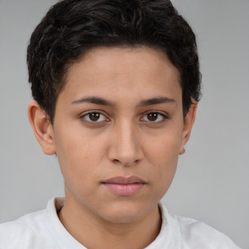 Neutral white young-adult female with short  brown hair and brown eyes