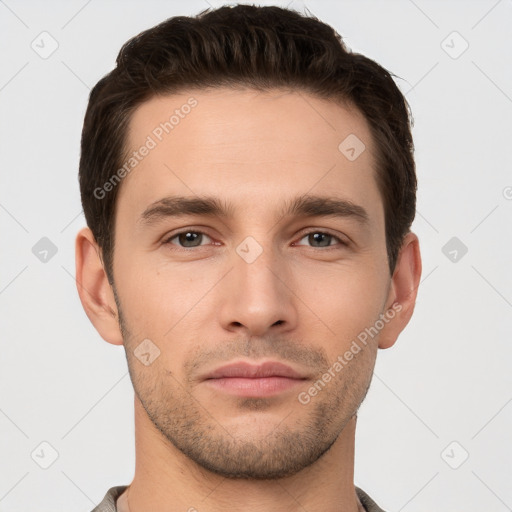 Neutral white young-adult male with short  brown hair and brown eyes