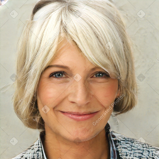 Joyful white adult female with medium  brown hair and blue eyes