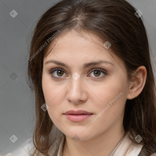 Neutral white young-adult female with medium  brown hair and brown eyes