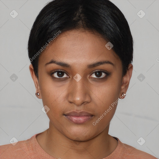 Neutral asian young-adult female with short  brown hair and brown eyes