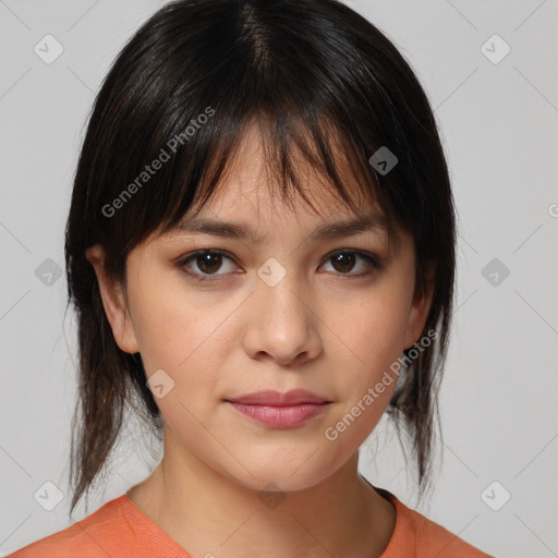 Neutral white young-adult female with medium  brown hair and brown eyes