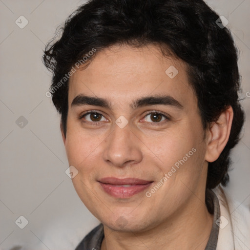 Joyful white young-adult male with medium  brown hair and brown eyes