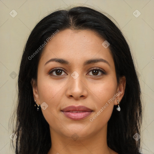 Joyful latino young-adult female with long  brown hair and brown eyes