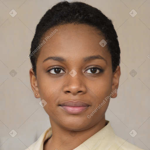 Neutral black young-adult female with short  black hair and brown eyes