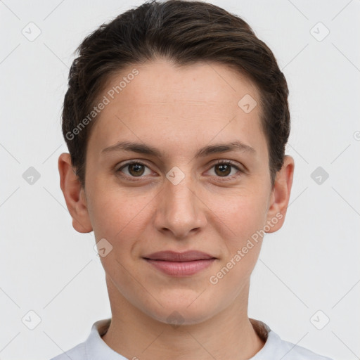 Joyful white young-adult female with short  brown hair and brown eyes