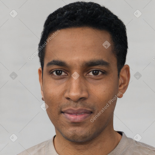 Neutral latino young-adult male with short  black hair and brown eyes