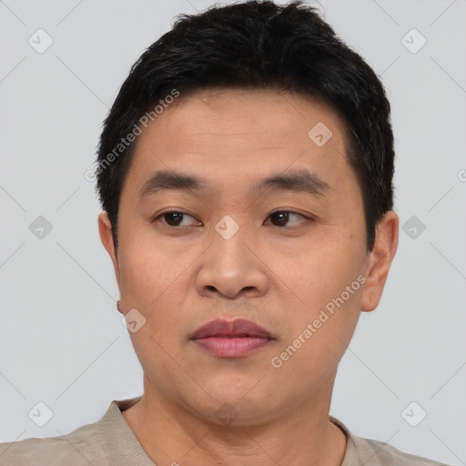 Neutral asian young-adult male with short  black hair and brown eyes