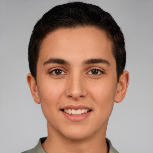 Joyful white young-adult male with short  brown hair and brown eyes