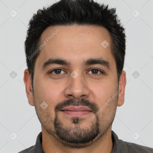 Joyful white young-adult male with short  black hair and brown eyes