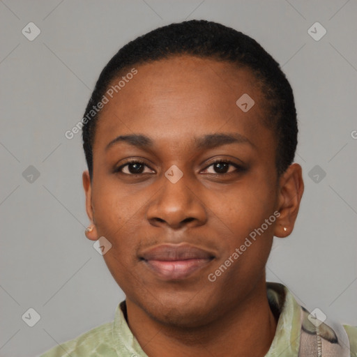 Joyful latino young-adult female with short  black hair and brown eyes