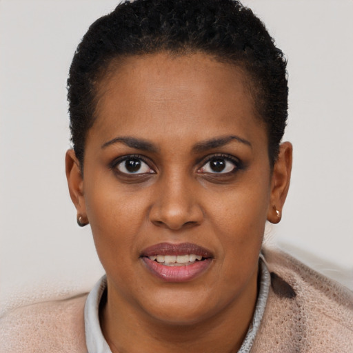 Joyful black young-adult female with short  brown hair and brown eyes
