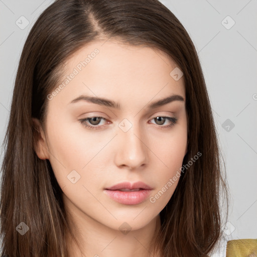 Neutral white young-adult female with long  brown hair and brown eyes