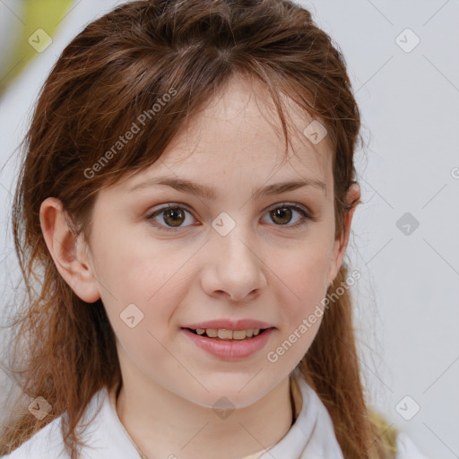 Joyful white child female with medium  brown hair and brown eyes