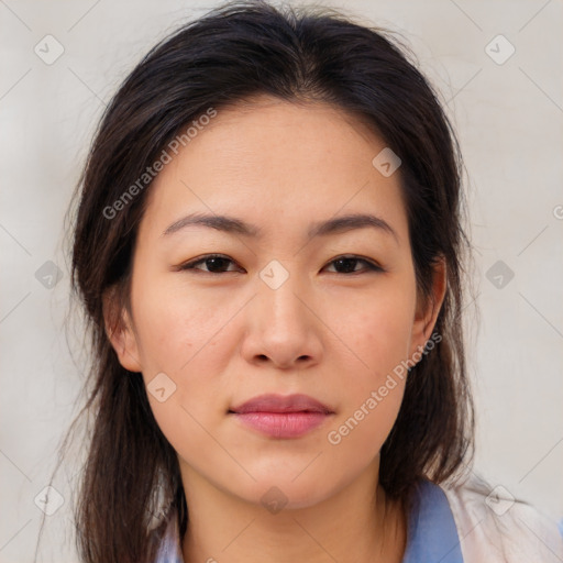 Neutral asian young-adult female with medium  brown hair and brown eyes