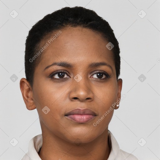 Joyful black young-adult female with short  brown hair and brown eyes