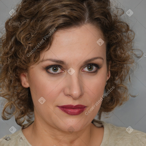 Joyful white young-adult female with medium  brown hair and green eyes