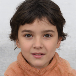 Joyful white child female with short  brown hair and brown eyes