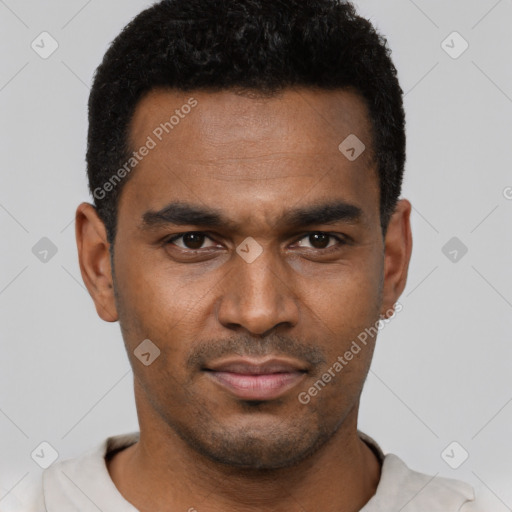 Neutral latino young-adult male with short  black hair and brown eyes