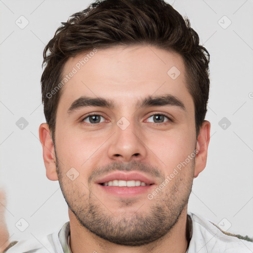 Neutral white young-adult male with short  brown hair and brown eyes