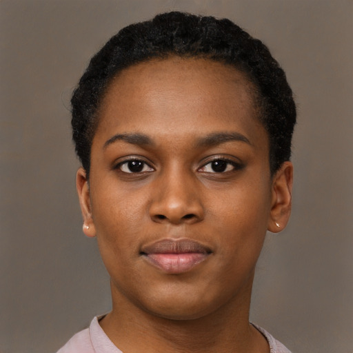 Neutral black young-adult female with short  black hair and brown eyes