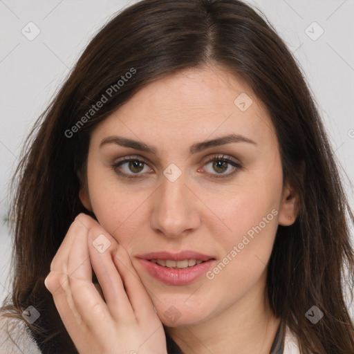 Joyful white young-adult female with long  brown hair and brown eyes