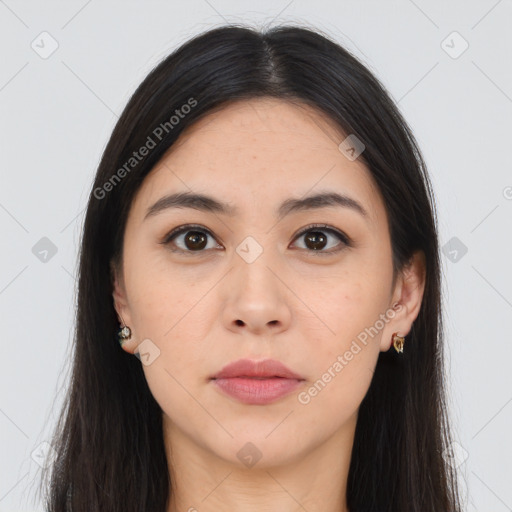 Neutral asian young-adult female with long  brown hair and brown eyes