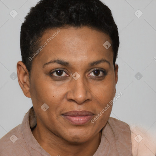 Joyful black adult female with short  brown hair and brown eyes