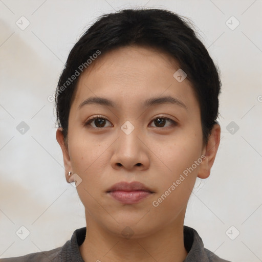 Neutral asian young-adult female with short  black hair and brown eyes