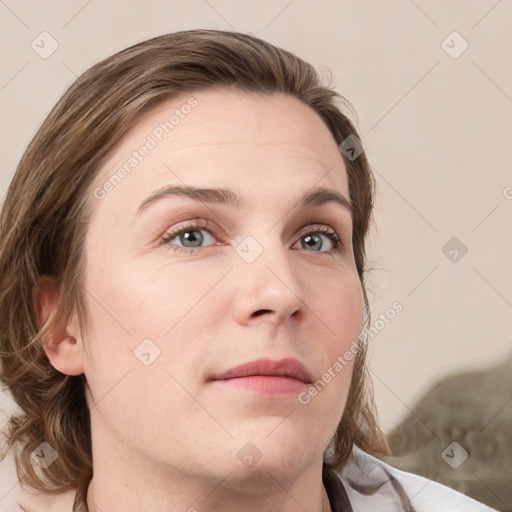 Neutral white young-adult female with medium  brown hair and grey eyes