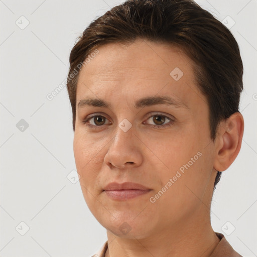 Joyful white young-adult female with short  brown hair and brown eyes