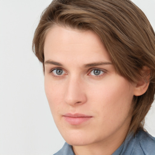 Neutral white young-adult female with long  brown hair and grey eyes