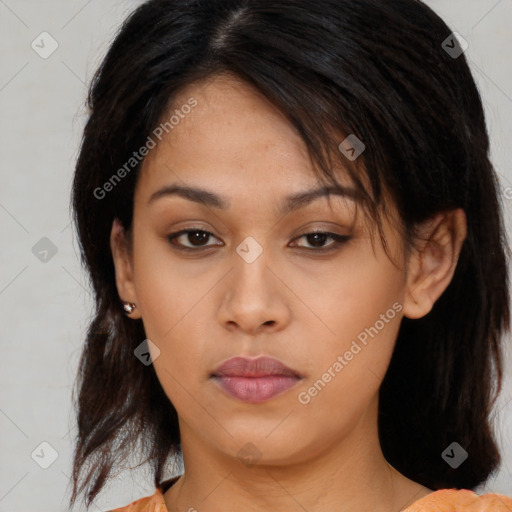 Neutral asian young-adult female with medium  brown hair and brown eyes